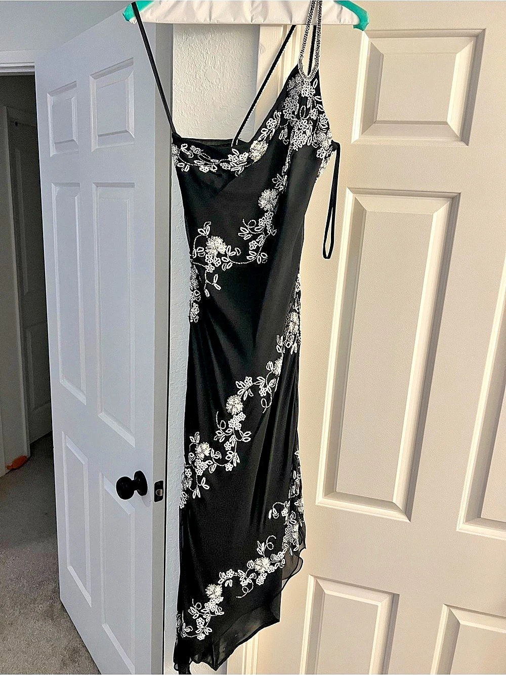 Vintage Caché Black Silk Beaded Asymmetrical Gown 90s Y2K Whimsigoth Prom Dress